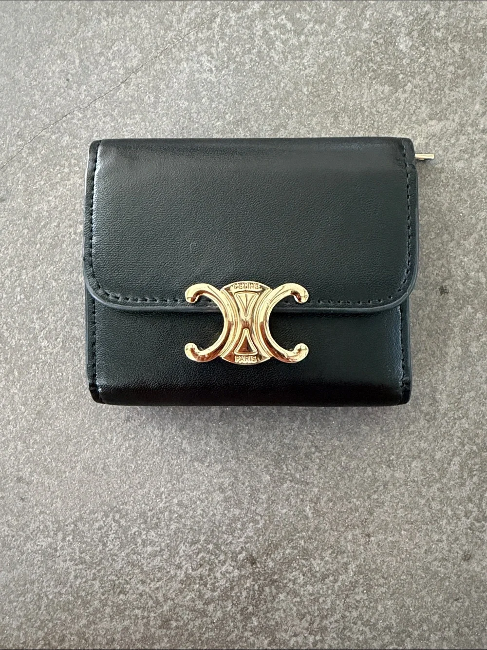 Celine Black Wallet with Gold Triomphe Emblem